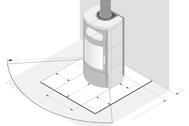 Poêle à bois avec indications de dimensions pour la plaque de sol et la distance de sécurité