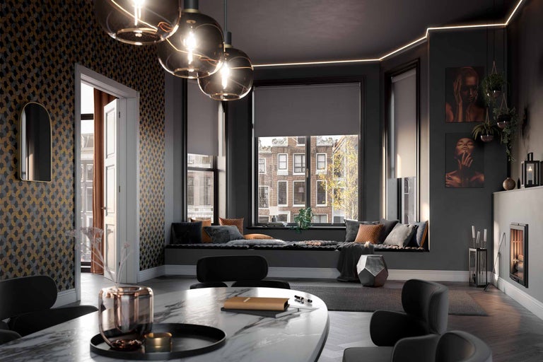 Wohnzimmer mit Fensterbank, Rollos und moderner Dekoration