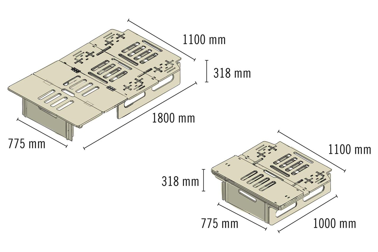 Dessin technique d'un meuble extensible avec dimensions