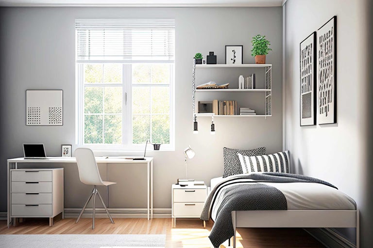 Chambre lumineuse avec lit, bureau et étagère