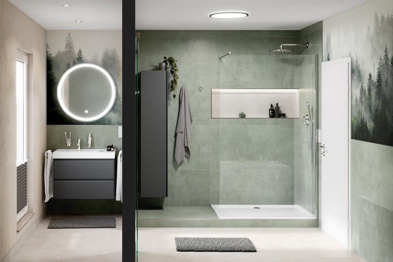 Modernes Badezimmer mit Dusche, Waschtisch und Spiegel