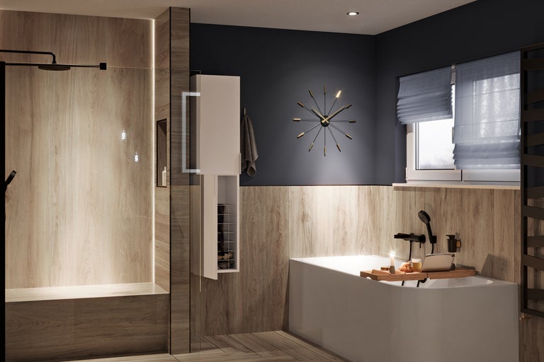 Salle de bains moderne avec douche, baignoire, armoire de toilette et horloge murale