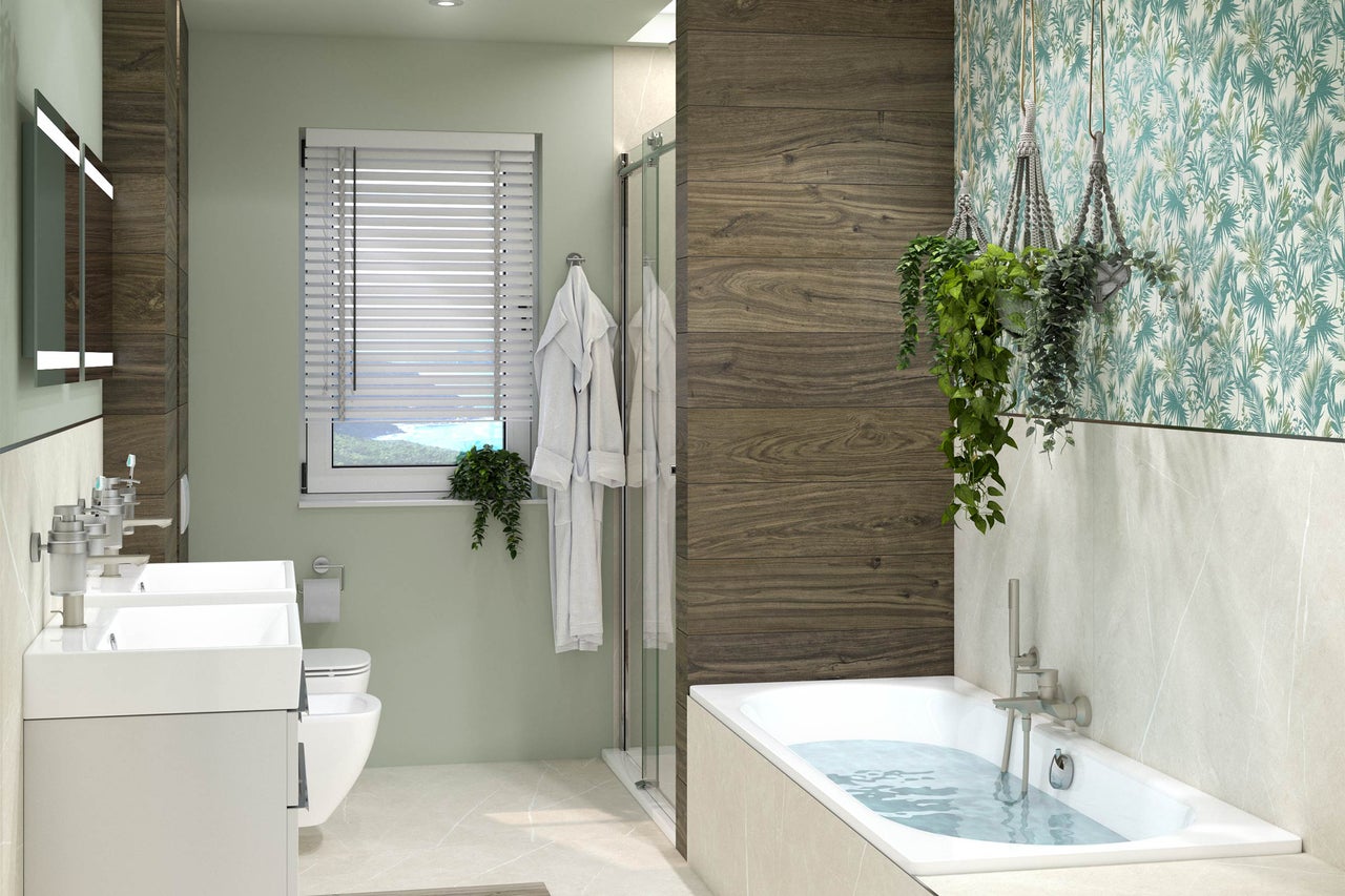 Badezimmer mit Doppelwaschbecken, Badewanne, Dusche und Fenster