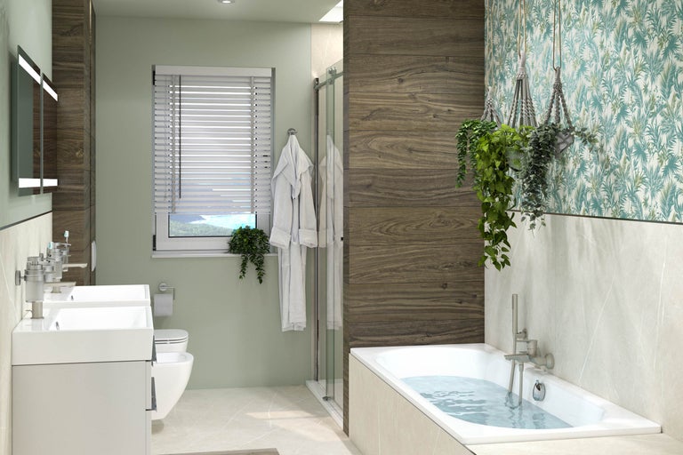 Salle de bain avec lavabo double, baignoire, douche et fenêtre