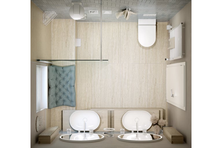 Salle de bains avec douche, toilettes et lavabo double en vue plongeante
