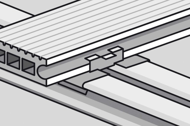 Illustration d'une lame de terrasse avec sous-structure et clip de fixation