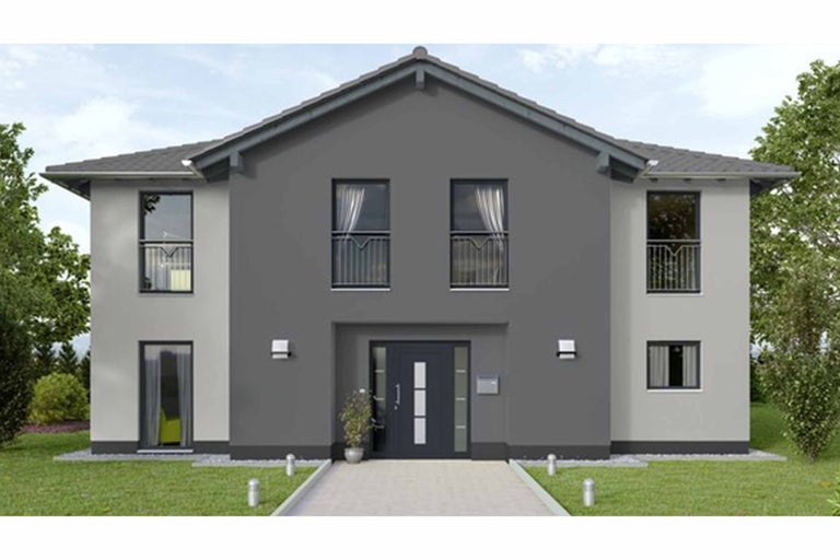 Maison préfabriquée moderne à deux étages avec toit à deux pans et jardin