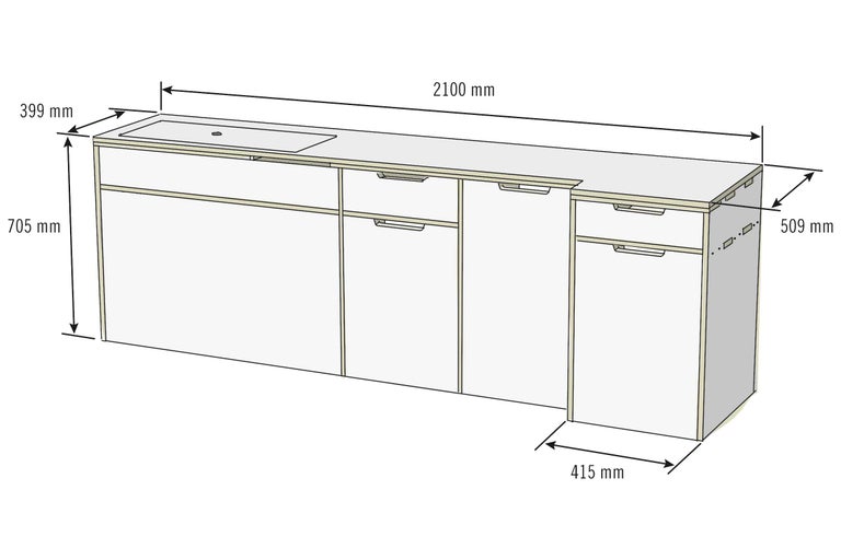 Skizze einer Küchenzeile mit Spüle und Schubladen, Maße 2100 x 399 x 705 mm