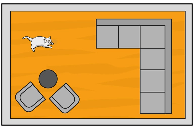 Vue de dessus d'un salon avec canapé d'angle, fauteuils, table et chat