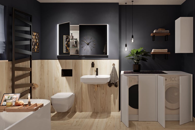 Salle de bains moderne, murs bleu foncé, boiseries, toilette suspendue, lavabo blanc, armoire de toilette et espace buanderie intégré.