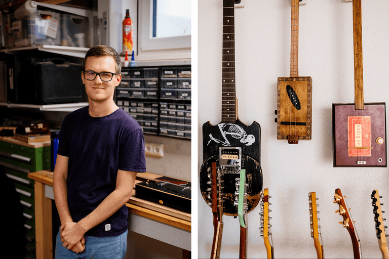 Homme debout dans un atelier avec des guitares faites maison