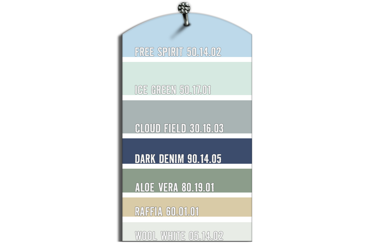 Nuancier présentant différentes teintes : Free Spirit, Ice Green, Cloud Field, Dark Denim, Aloe Vera, Raffia, Wool White