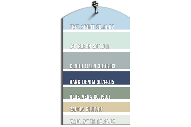 Nuancier présentant différentes teintes : Free Spirit, Ice Green, Cloud Field, Dark Denim, Aloe Vera, Raffia, Wool White