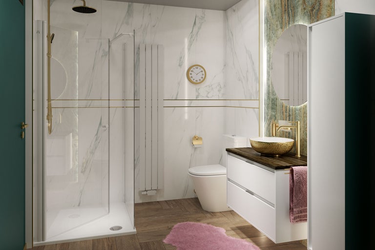 Modernes Badezimmer mit Dusche, Toilette, Waschtisch und Spiegel