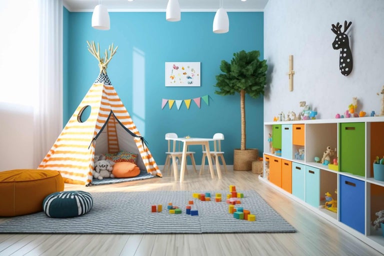 Chambre d'enfant lumineuse avec tente de jeu, meubles pour enfants et jouets colorés