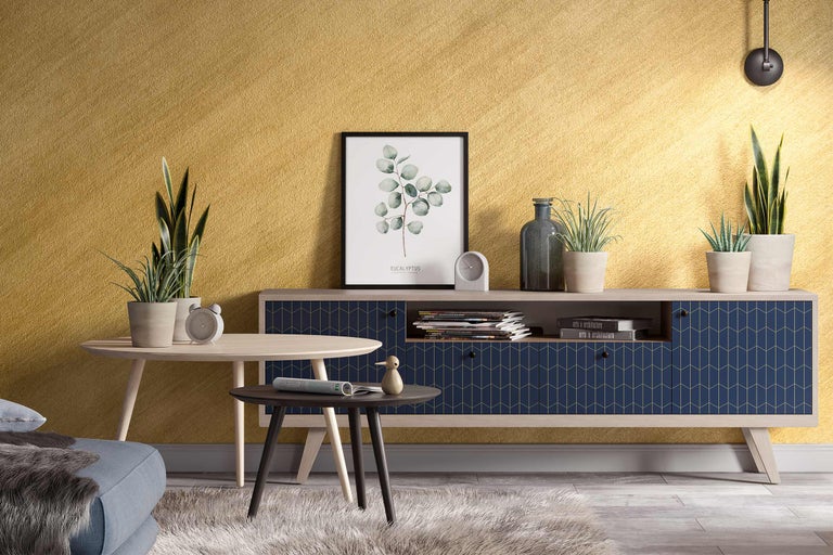 Salon avec meuble bas, table et décoration