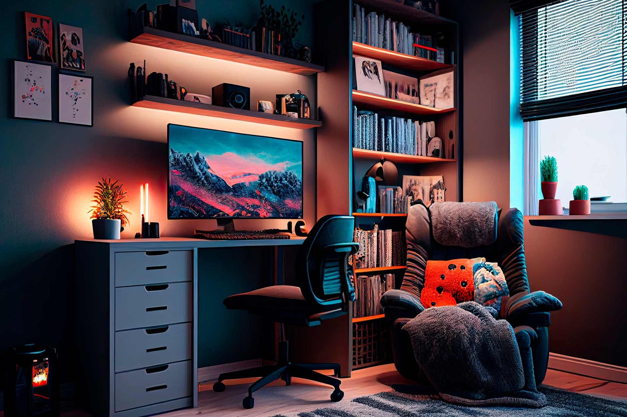 Helles Arbeitszimmer mit Schreibtisch, Bürostuhl, Regalen und gemütlichem Sessel