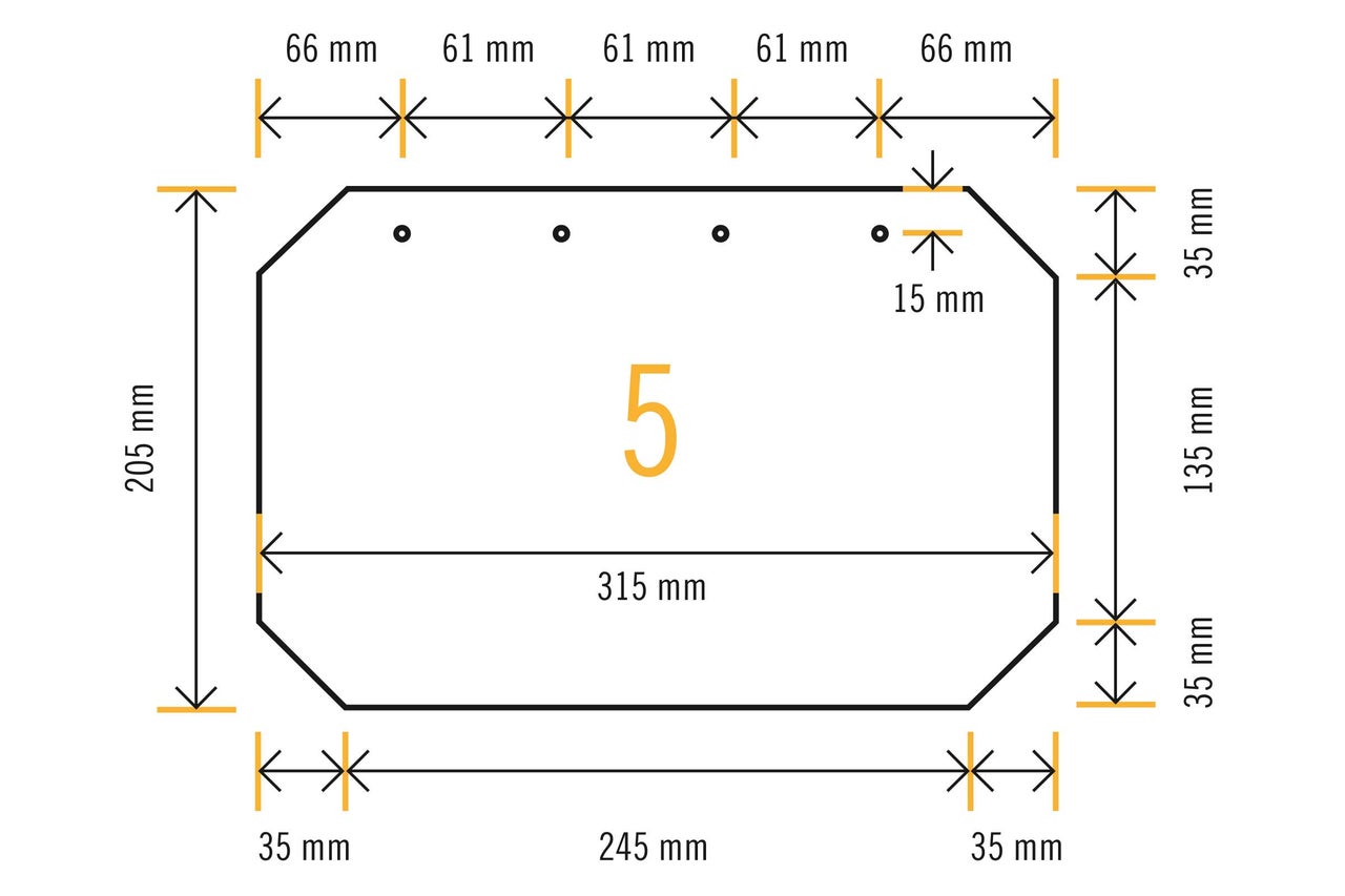 Dimensions du numéro de maison 5 avec une hauteur de 205 millimètres et une largeur de 315 millimètres