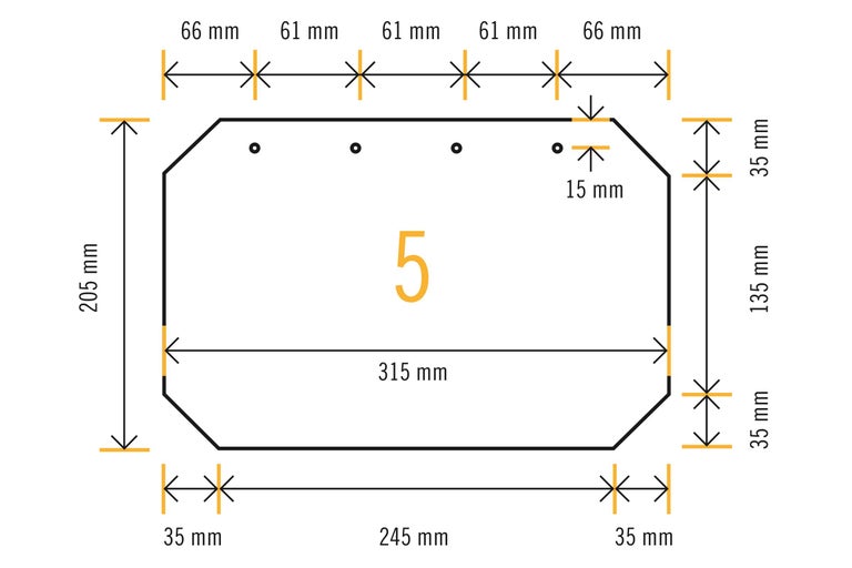 Dimensions du numéro de maison 5 avec une hauteur de 205 millimètres et une largeur de 315 millimètres