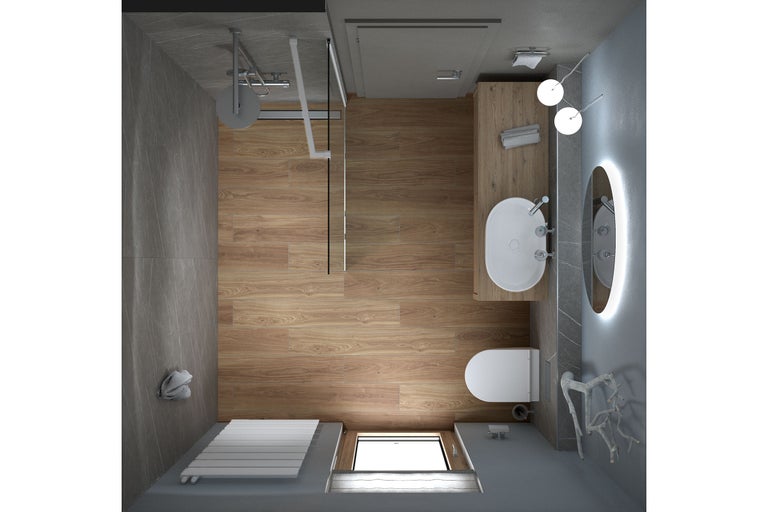 Vue de dessus d une salle de bains moderne avec douche à l italienne, meuble sous vasque en bois, vasque ovale, miroir éclairé et sol aspect bois.