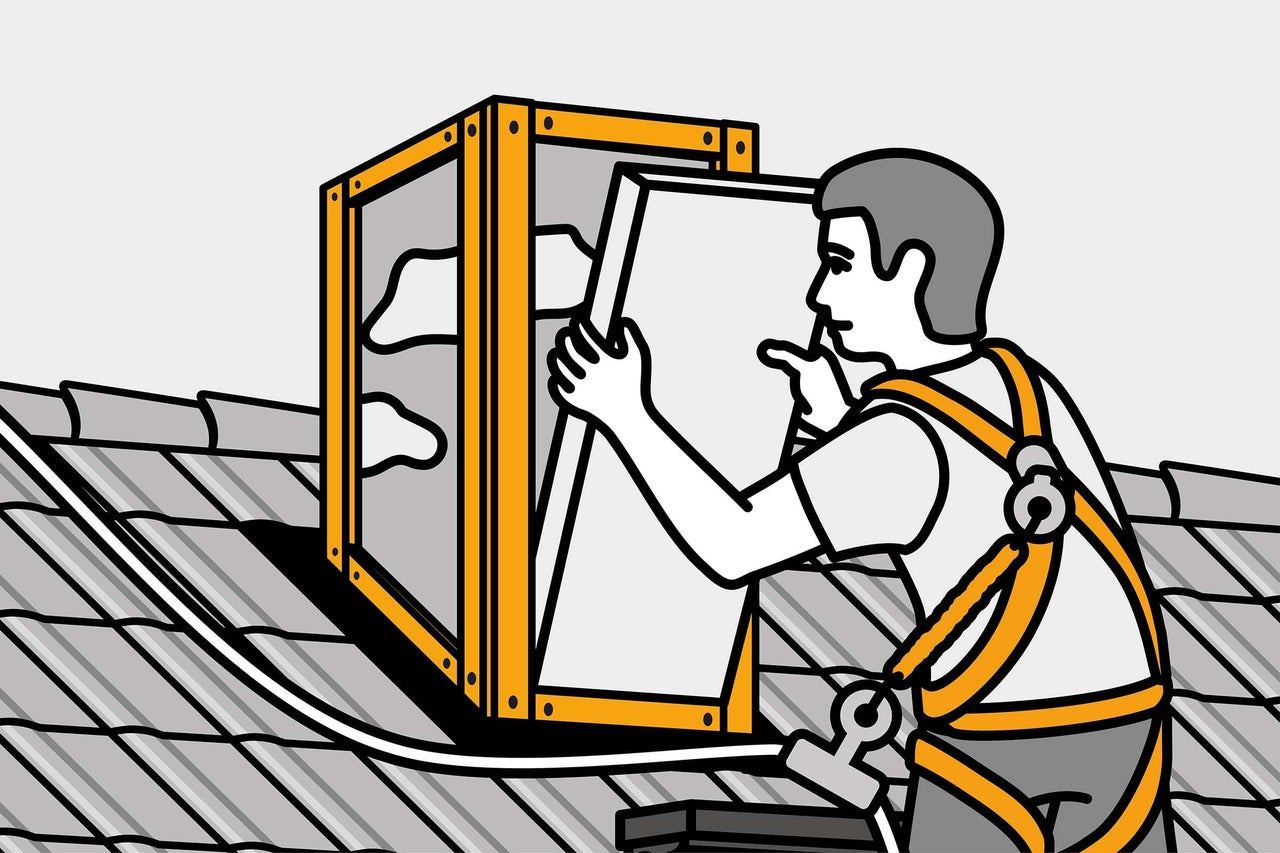 Illustration d'un couvreur avec harnais de sécurité installant une fenêtre de toit