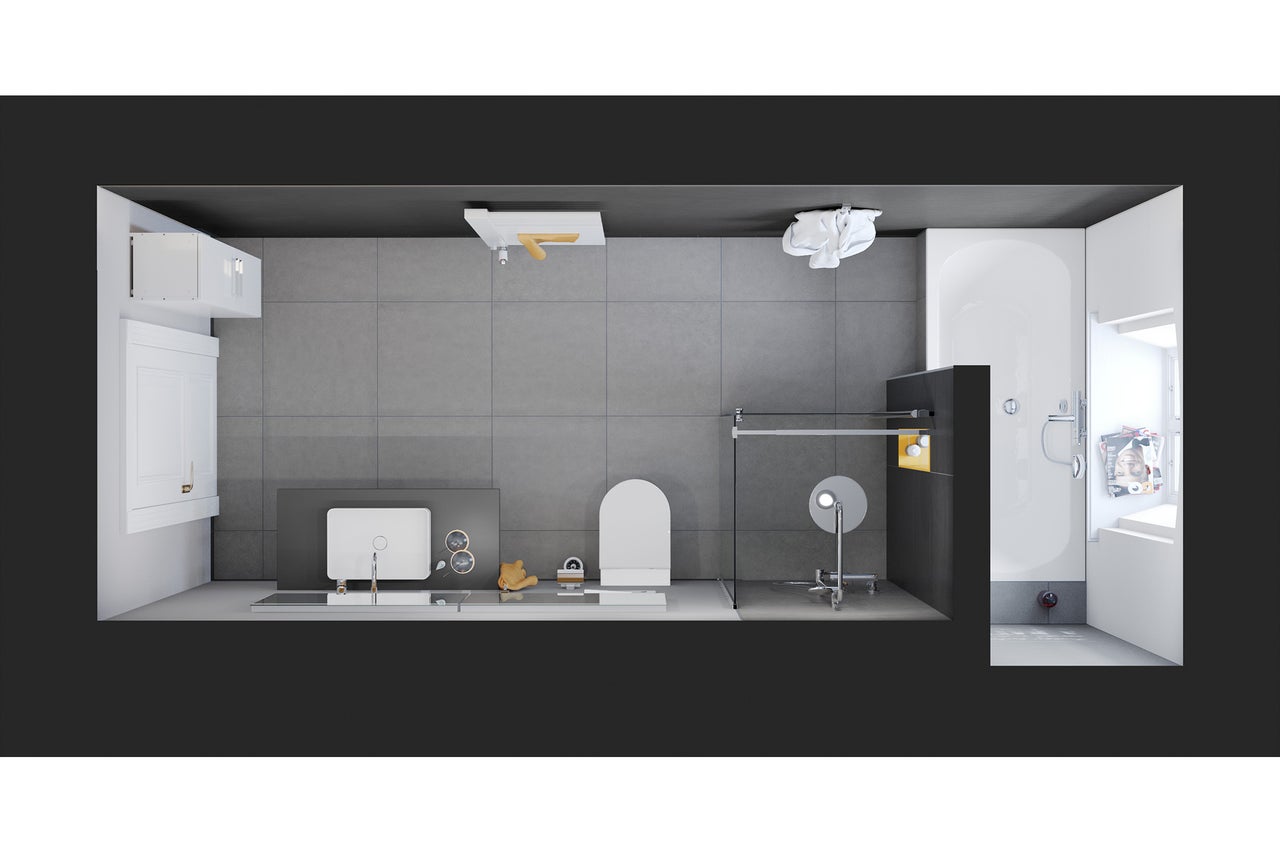 Draufsicht eines Badezimmers mit Waschbecken, Toilette, Dusche und Badewanne