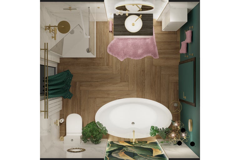 Vogelperspektive eines Badezimmers mit Dusche, Toilette, Waschbecken, Spiegel und Dekoration