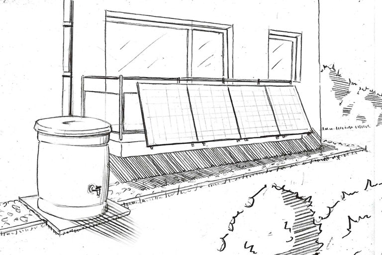 Schéma d'un système de récupération d'eau de pluie avec réservoir d'eau de pluie et mur de maison