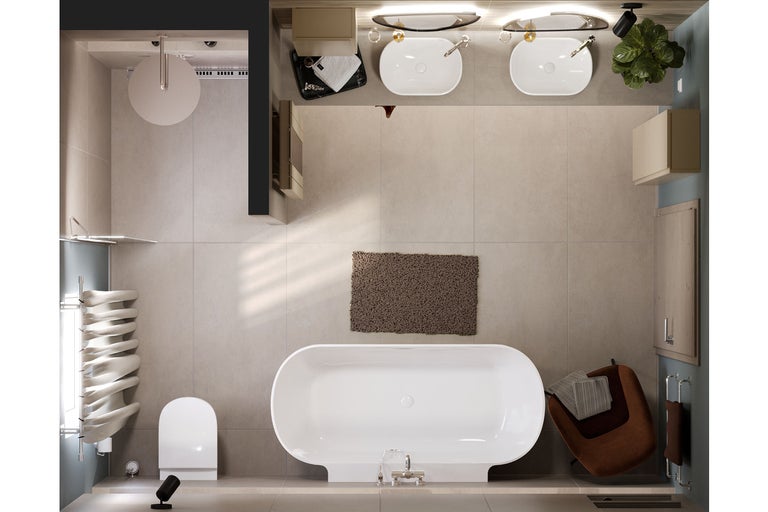 Vue d'ensemble d'une salle de bains lumineuse avec baignoire, lavabos et douche