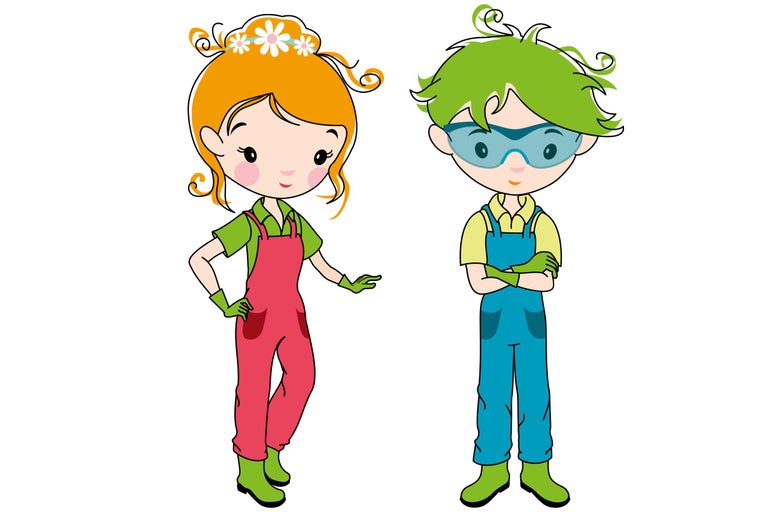 Illustration von zwei Gärtnern mit Latzhosen und Gummistiefeln