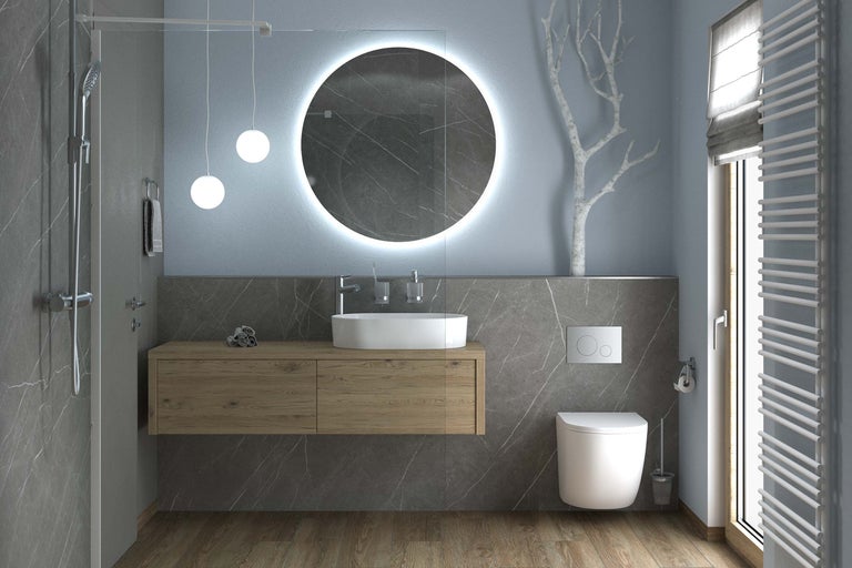 Modernes Badezimmer mit Waschtisch, Spiegel, Toilette und Heizkörper