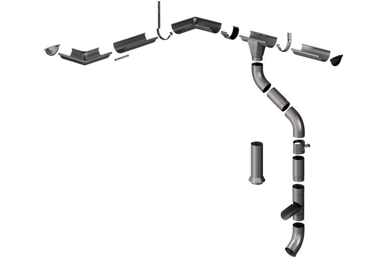 Kit complet de gouttières avec différents composants pour le drainage du toit