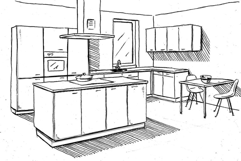 Croquis d'une cuisine avec îlot central, évier, hotte aspirante et table à manger avec chaises