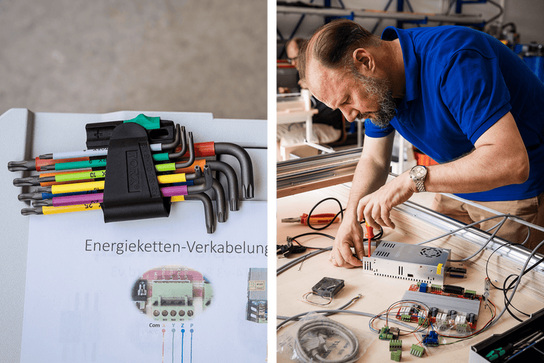Un jeu de tournevis Torx avec des poignées à code couleur et un homme travaillant sur un appareil électronique avec un tournevis.