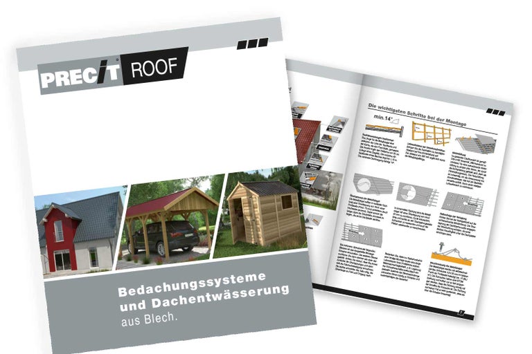 Brochure de produits pour les systèmes de toiture PRECIT Roof et le drainage de toiture en tôle avec instructions de montage