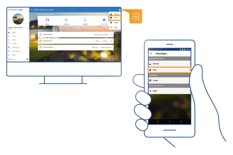 Application Smart Home de Hornbach sur un ordinateur et un smartphone