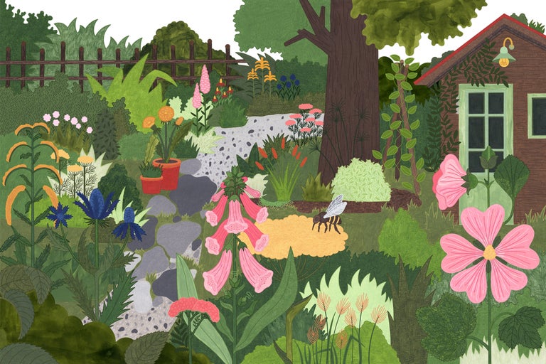 Illustration eines Gartens mit Blumen, Pflanzen und einem Gartenhaus