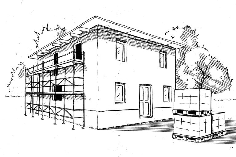 Illustration d'une construction de maison avec échafaudage et matériaux de construction