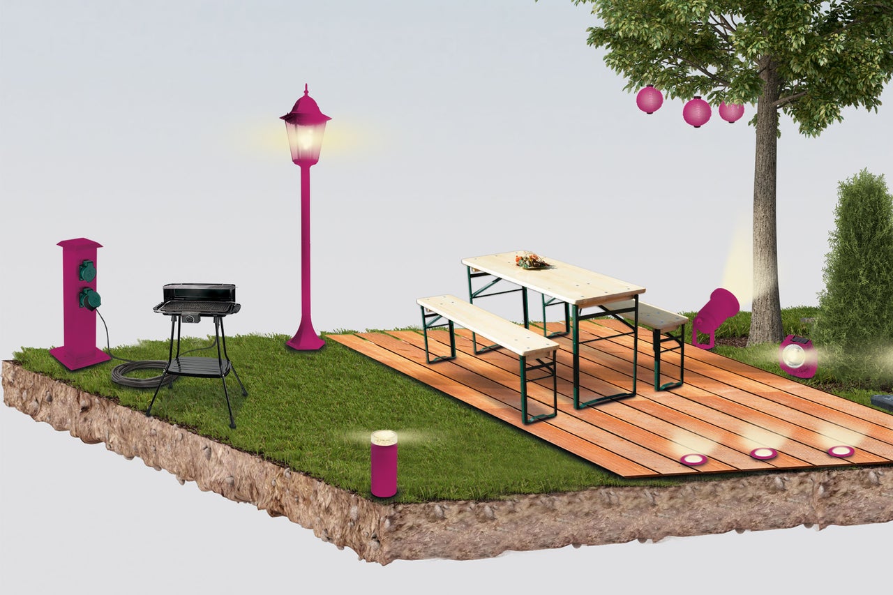 Illustration d'une scène de jardin avec barbecue, table, éclairage et borne électrique