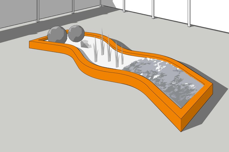 Bordure de parterre avec des éléments décoratifs tels que gravier décoratif, pierres et plantes