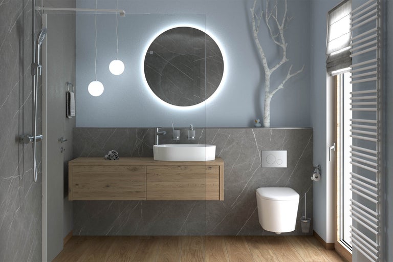 Salle de bains moderne avec meuble sous vasque en bois, miroir rond à LED, vasque à poser, WC suspendu et douche.