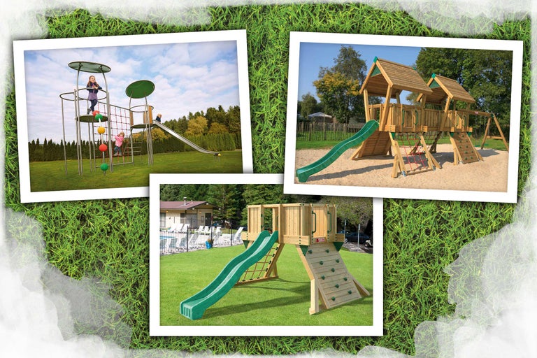 Collage mit drei Spielplatzgeräten für Kinder mit Rutschen und Klettergerüsten