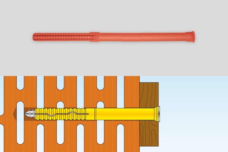 Illustration d'une fixation par cheville dans la maçonnerie et le bois