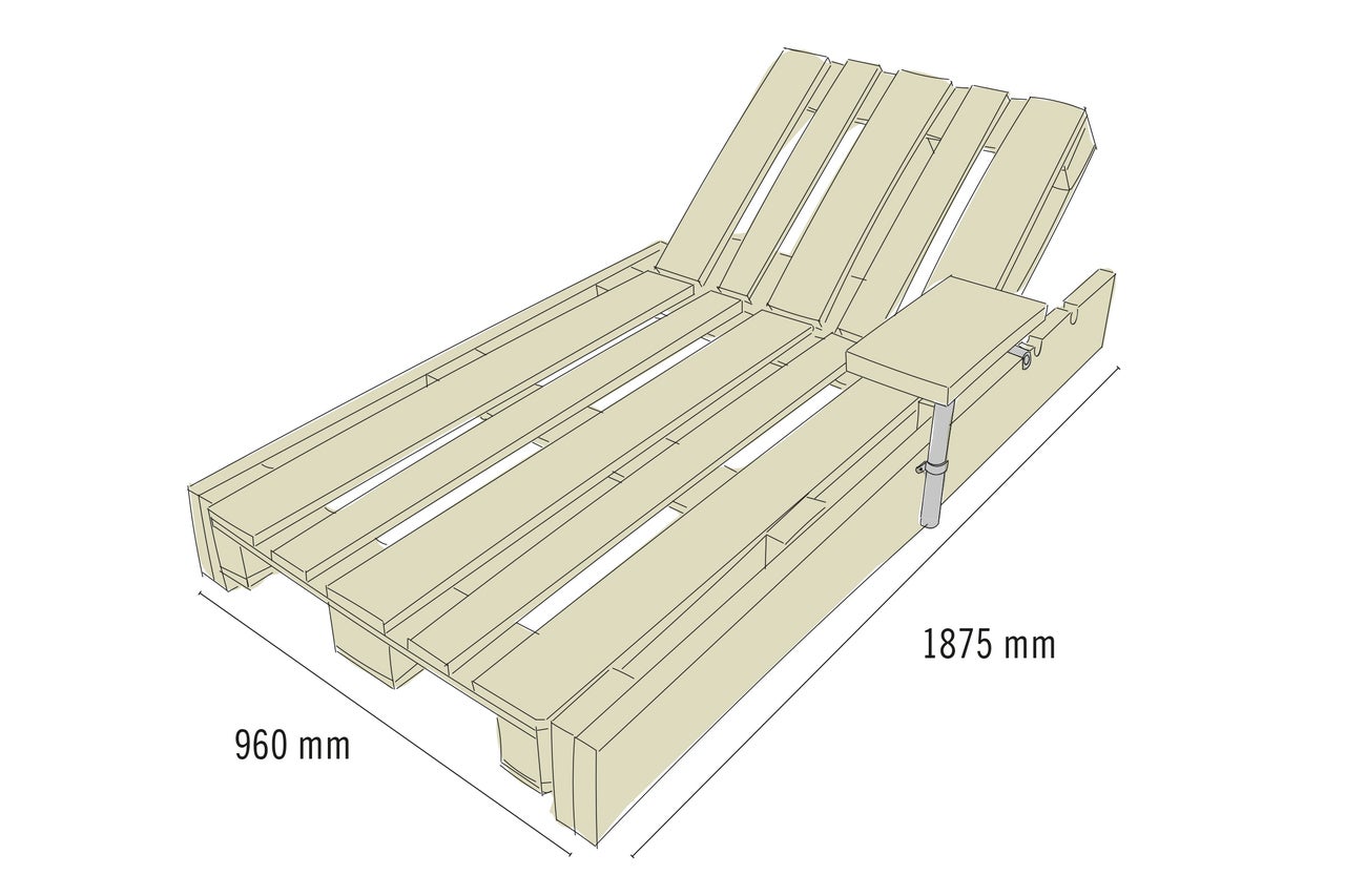 Schéma technique d'une palette en bois transformée en lit de jardin, mesurant 1875 mm de long et 960 mm de large.