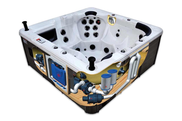 Section transversale d'un bain à remous montrant des détails sur les tuyaux, le filtre et le chauffage.