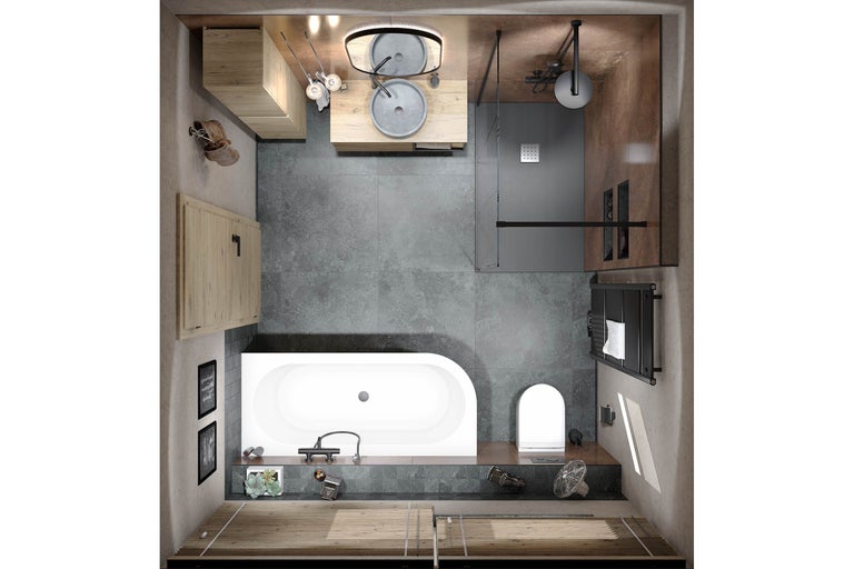 Vue de dessus d'une salle de bains avec baignoire, douche, lavabo et toilettes