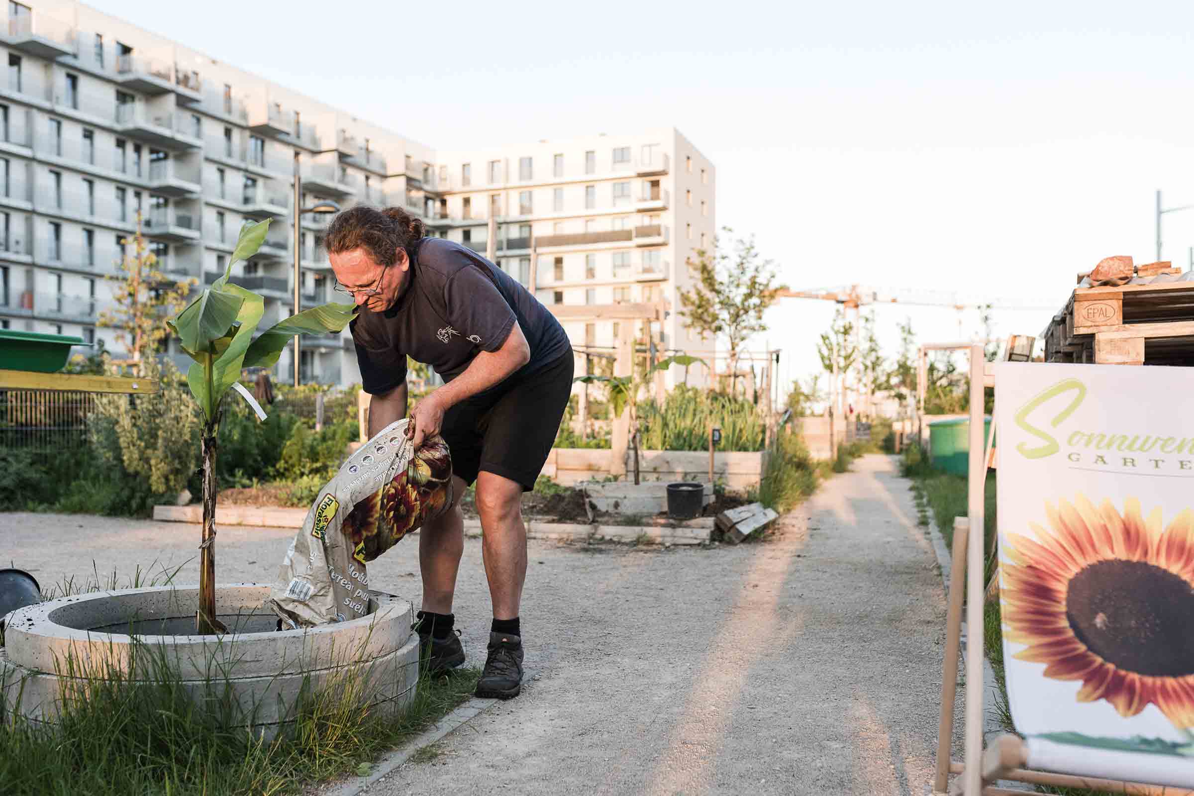 Un homme remplit un pot de fleurs avec du terreau dans un jardin communautaire.