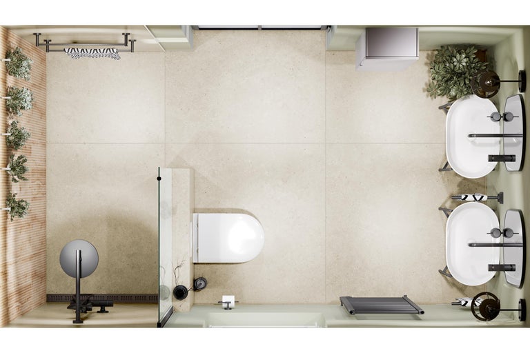 Vue de dessus d'une salle de bains moderne avec deux lavabos, WC, douche à l'italienne et carrelage beige aspect pierre.