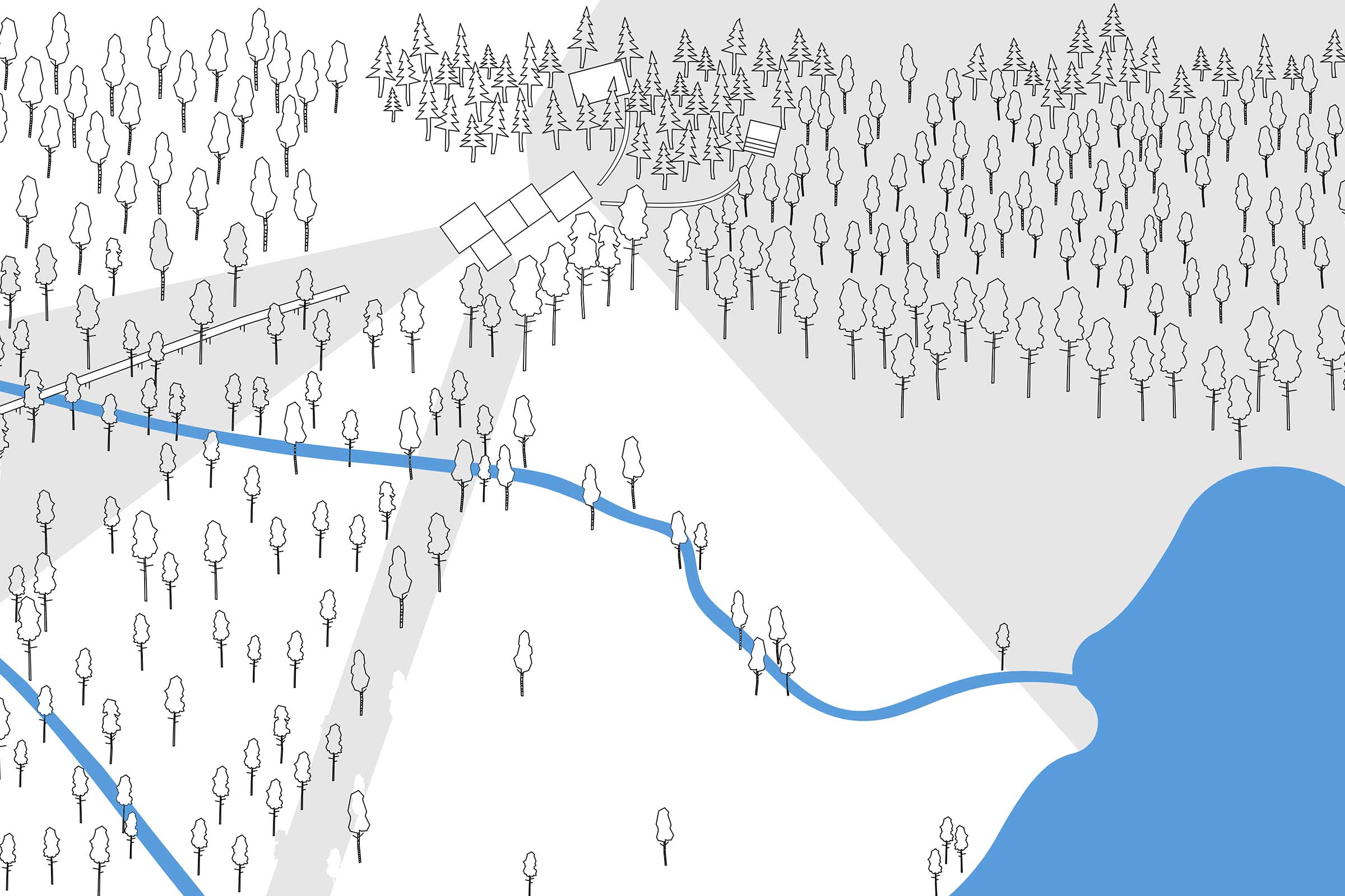 Carte de présentation avec forêt, lac, rivière et bâtiments