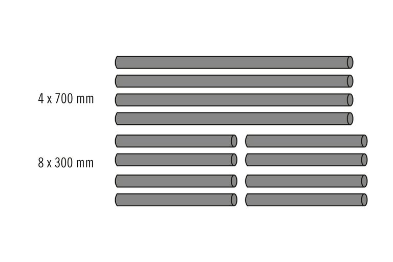 Illustration de quatre tubes de 700 millimètres de long et de huit tubes de 300 millimètres de long